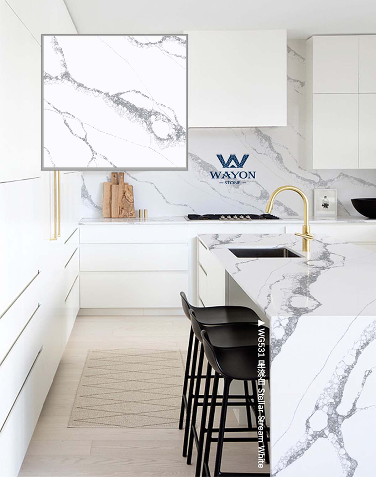 Bright white base with smooth textured lines, combining beauty and practicality for an elevated living space, where traditional meets contemporary!