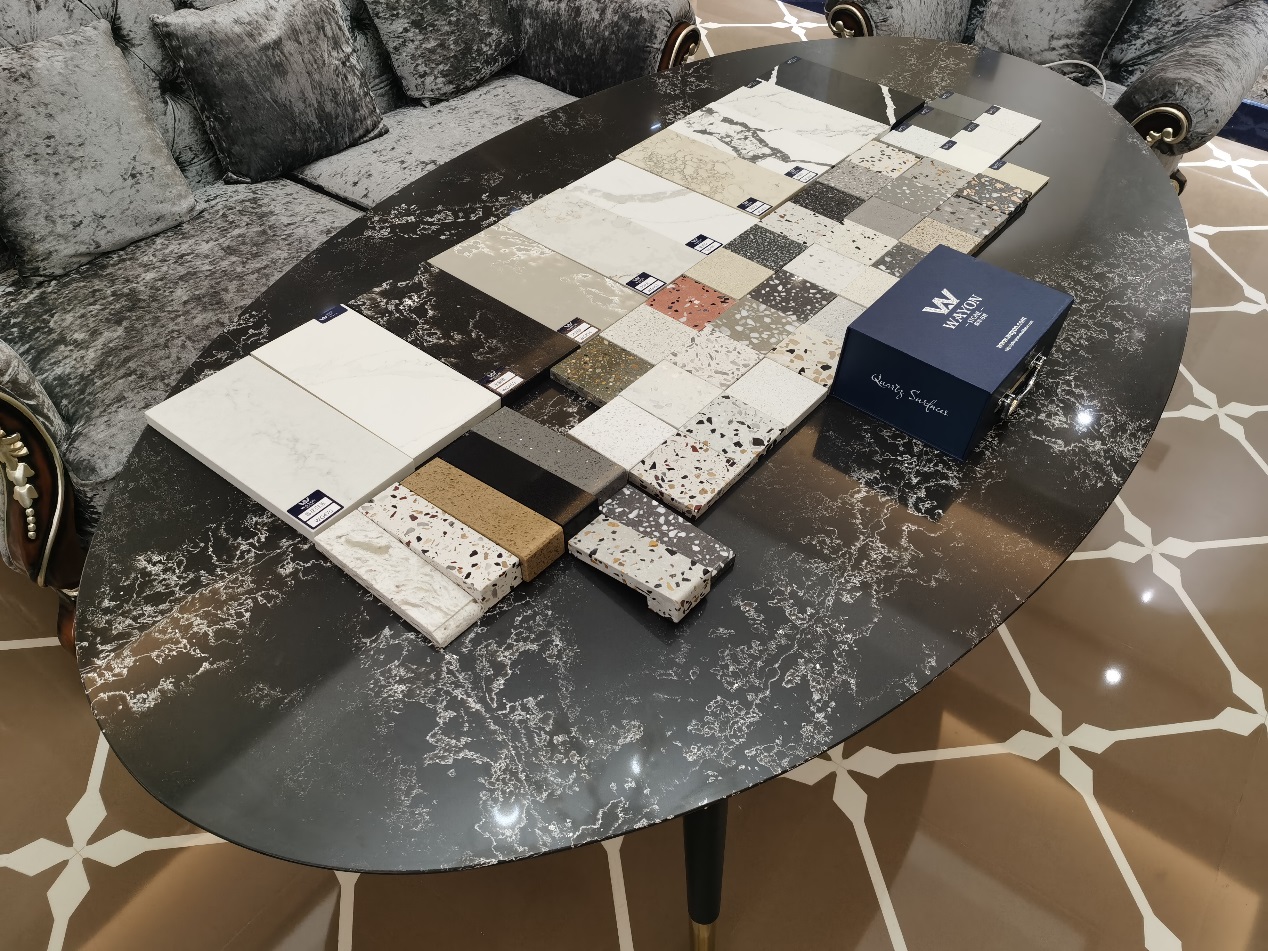 An exquisite Wayon quartz stone table and some beautiful samples.quartz slab china