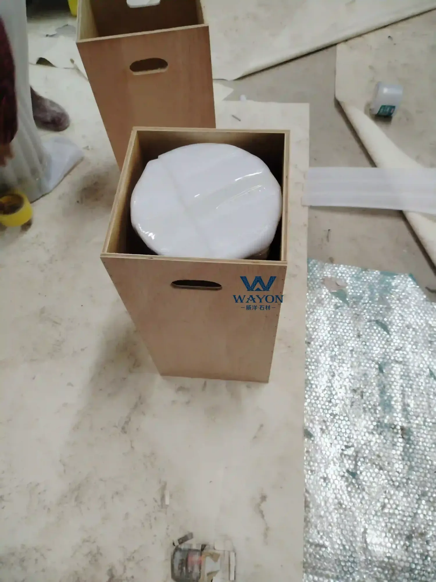 Natural stone round table base wooden box packaging