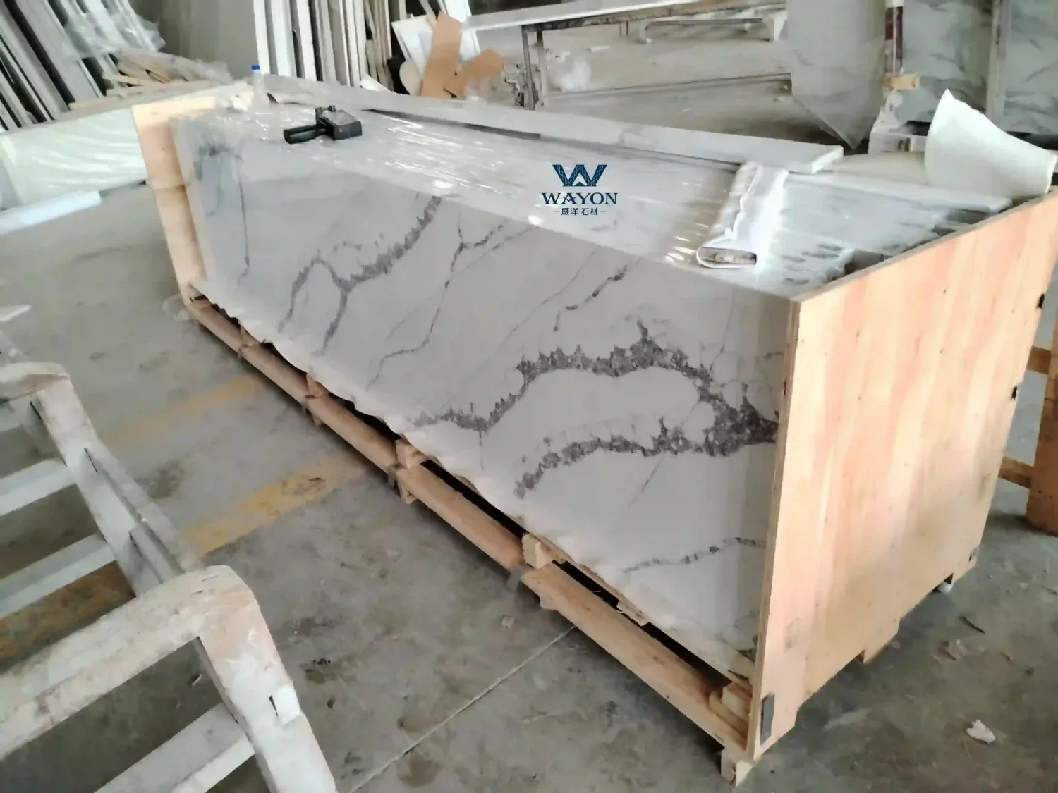 WG531 Stellar Stream White Quartz Countertop Wooden Packaging