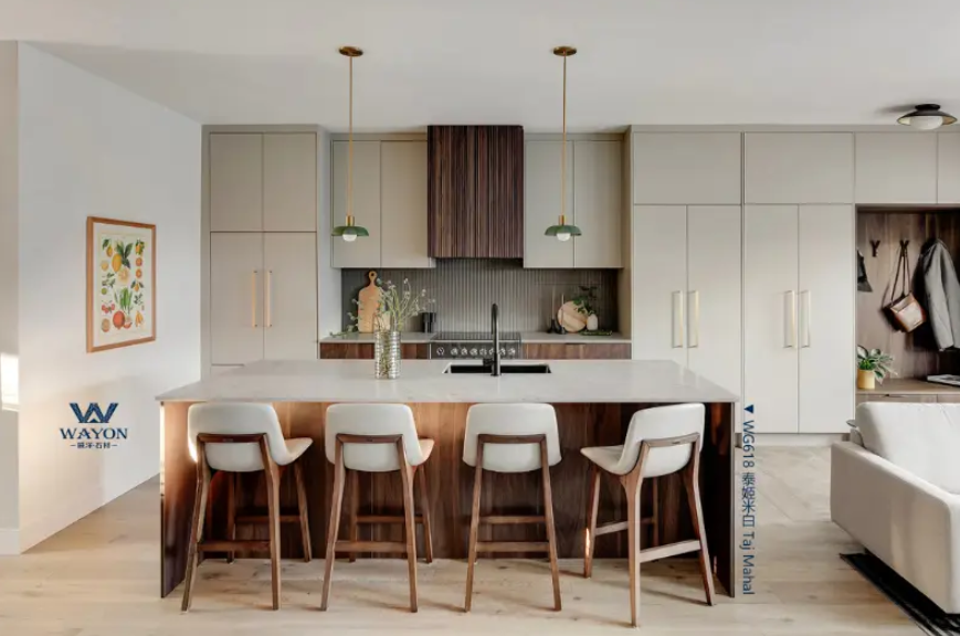 White Quartz Countertops With Wood Cabinets